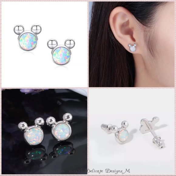 White Fire Opal Silver Mickey Studs - Picture 7 of 8
